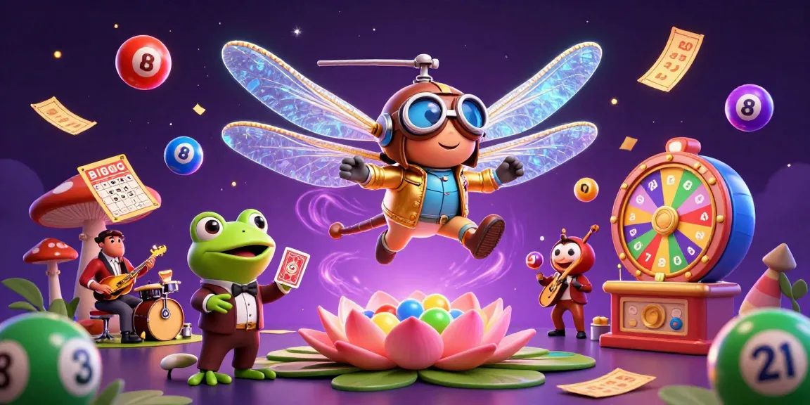 SOMATOTO-themed casino illustration with dragonfly pilot, frog croupier, and jazz musicians in a vibrant scene.