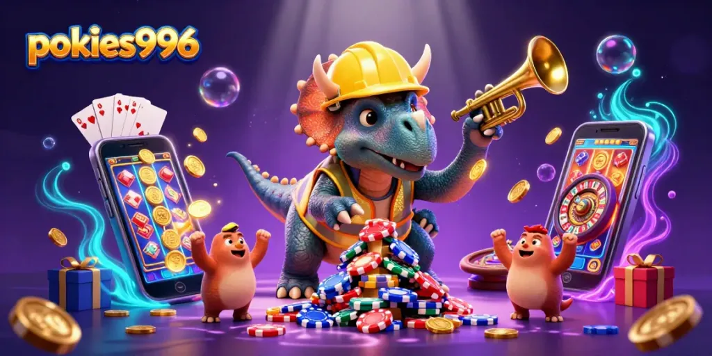 Experience the excitement with pokies996 as the triceratops builds a poker chip pyramid, celebrating casino wins.