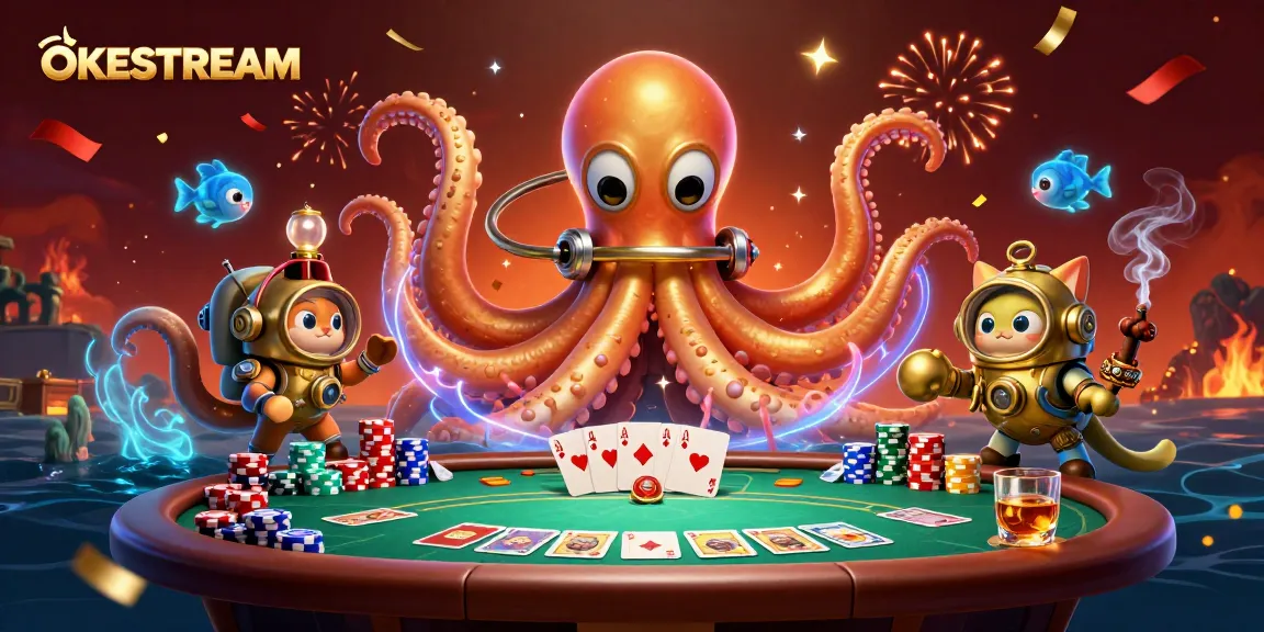 Menggali peluang taruhan sepak bola di OKESTREAM dengan ilustrasi kraken 3D dan kucing penyelam.