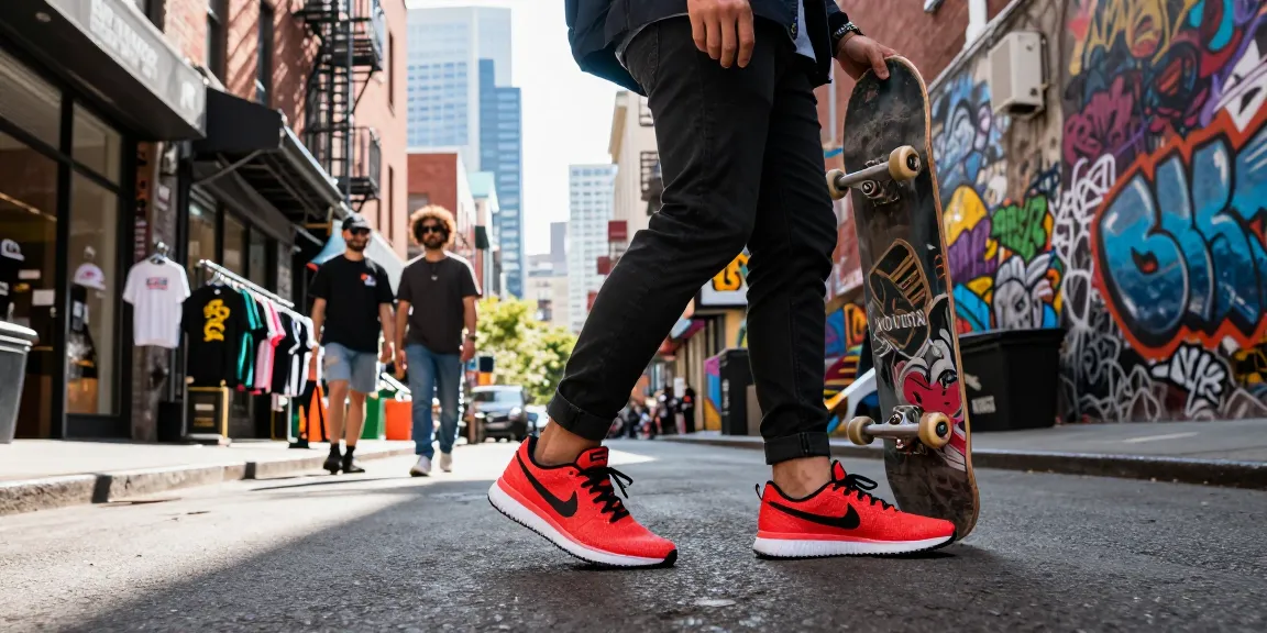 Orang berjalan dengan sneakers Nike x NOCTA Glide 'Bright Crimson' di jalanan urban penuh warna, menggambarkan gaya modern dan budaya kota.