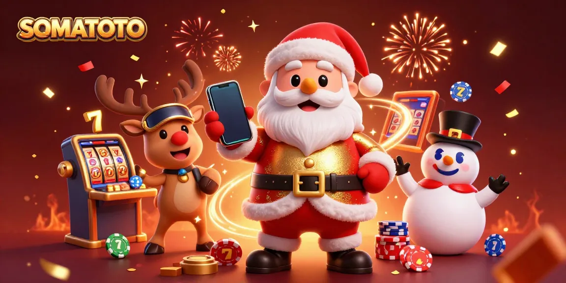 SOMATOTO showcases a festive scene with Santa, his reindeer, and a snowman celebrating jackpot slots in a vibrant casino.