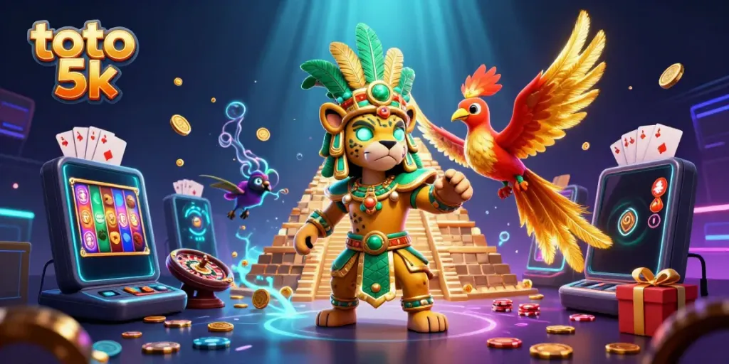 Engage with the world of toto 5k through a vibrant casino-themed illustration featuring Mayan characters and dynamic gaming elements.