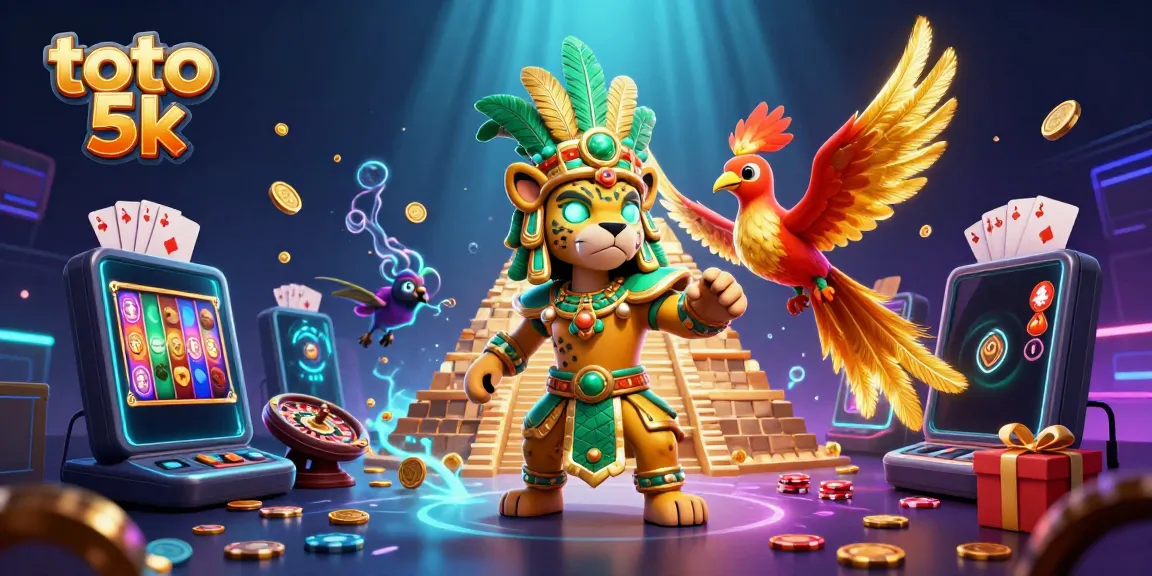 Engage with the world of toto 5k through a vibrant casino-themed illustration featuring Mayan characters and dynamic gaming elements.