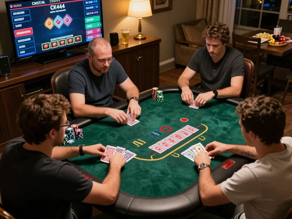 Players engaging in a competitive game of blackjack on CK444, showcasing strategic betting and excitement in a cozy environment.