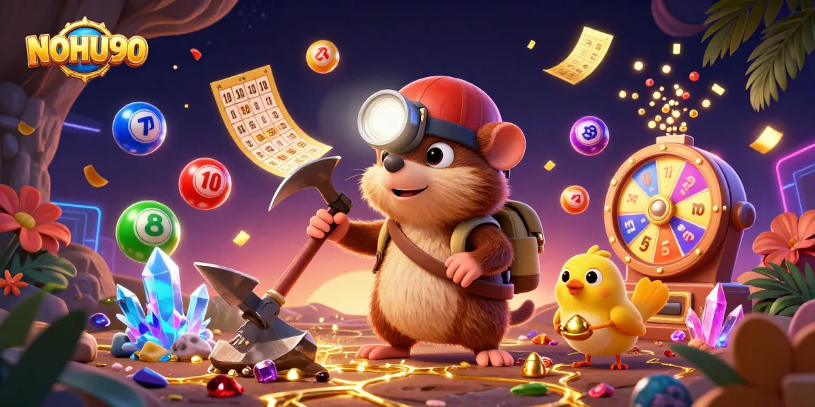 Engage with NOHU90 through vibrant lottery-themed visuals featuring dynamic elements and a playful mole.