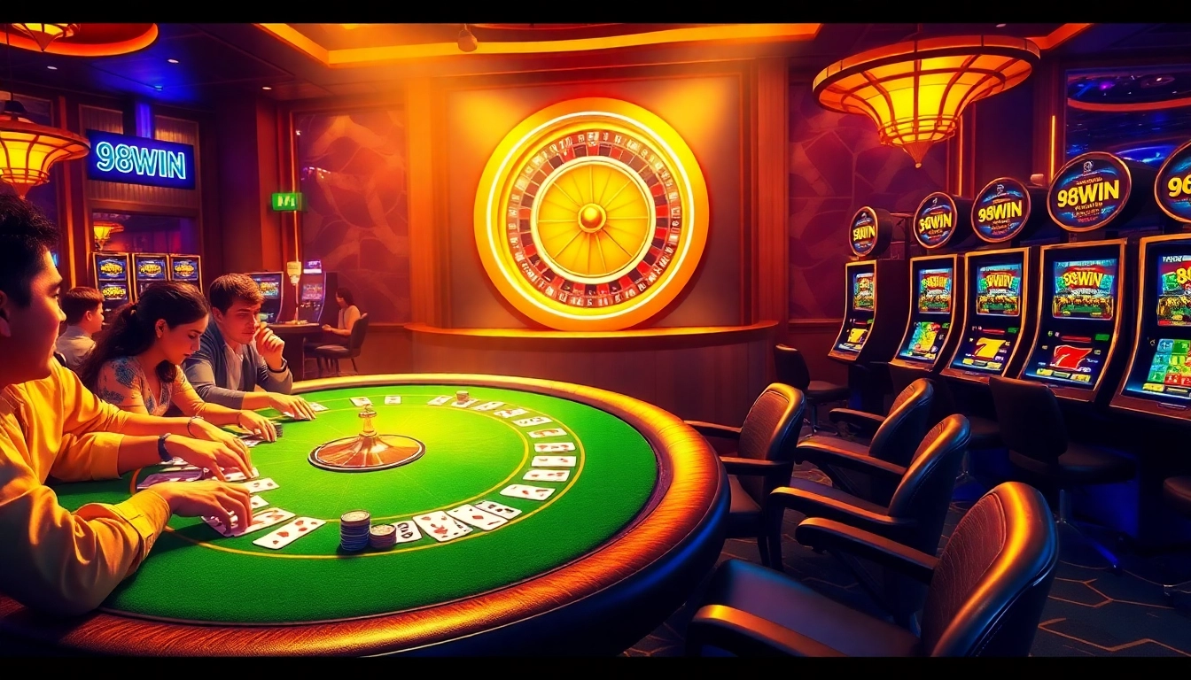 98WIN attracts gamblers with a lively casino scene showcasing poker, roulette, and enticing slot machines.