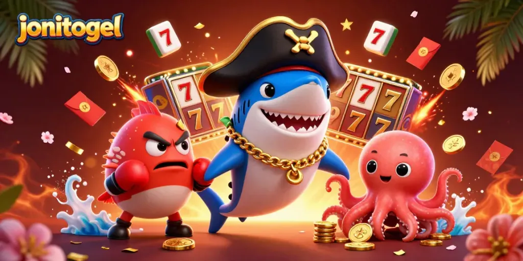 Engage with jonitogel gaming thrills featuring a pirate shark, pufferfish, and octopus surrounded by casino elements.
