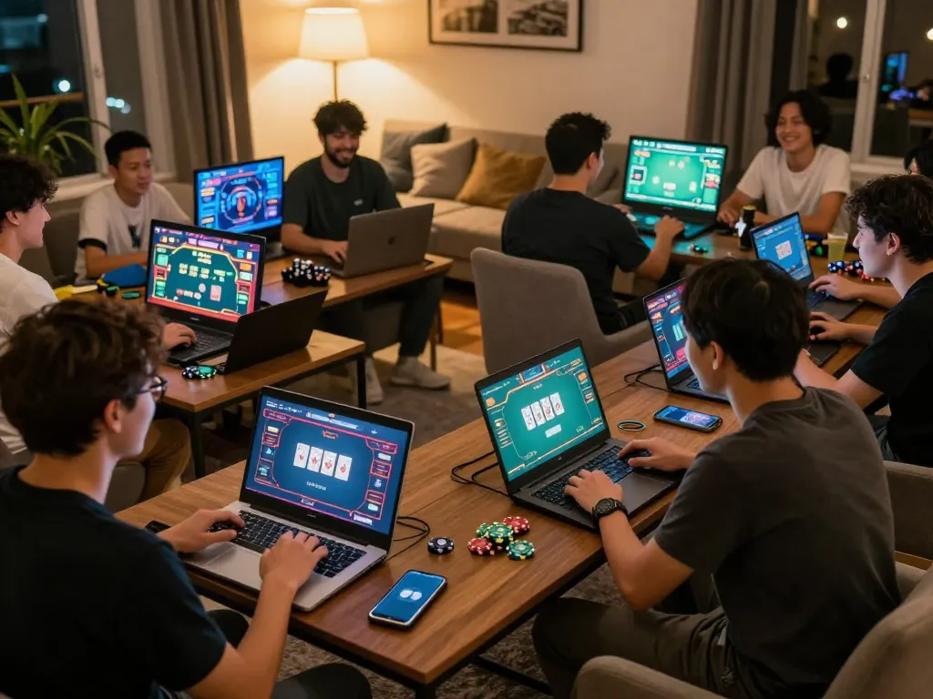 MPOID players enjoying a lively online poker tournament at home, screens showing vibrant game graphics.