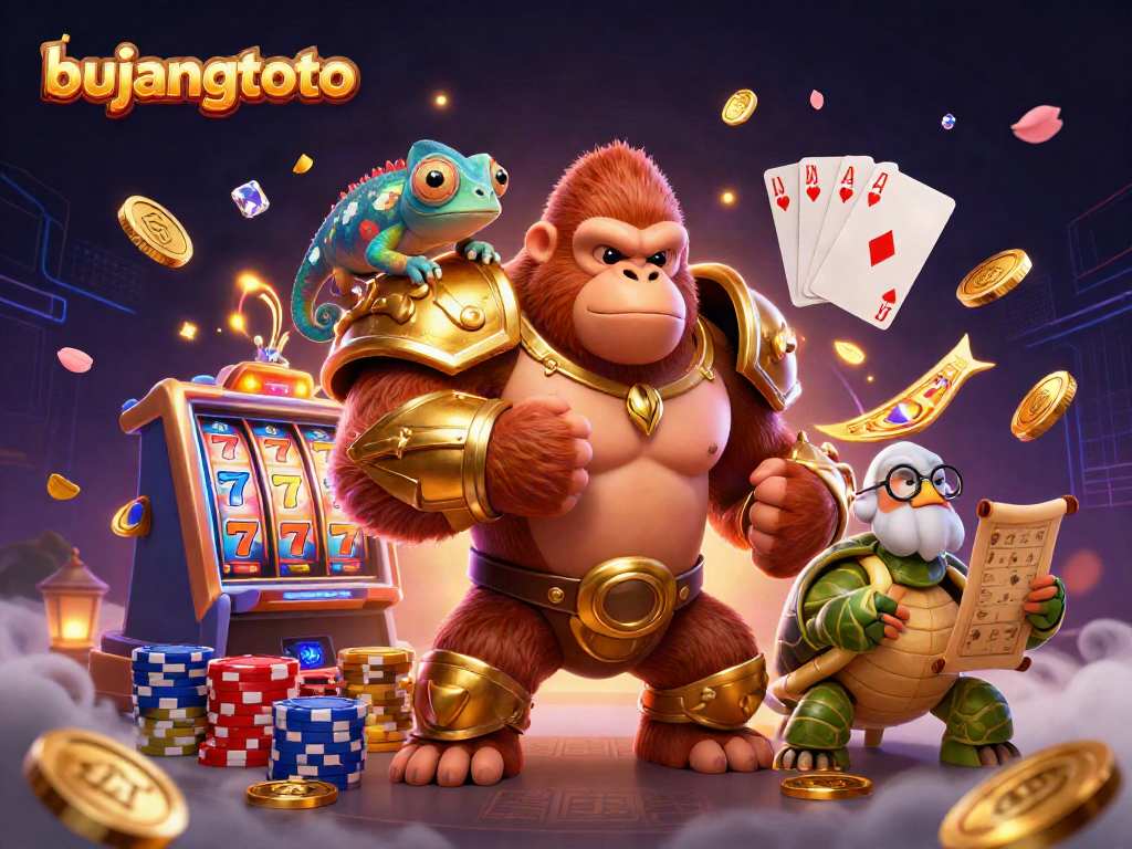 Experience the thrilling world of bujangtoto with a vibrant 3D casino scene of games and excitement.