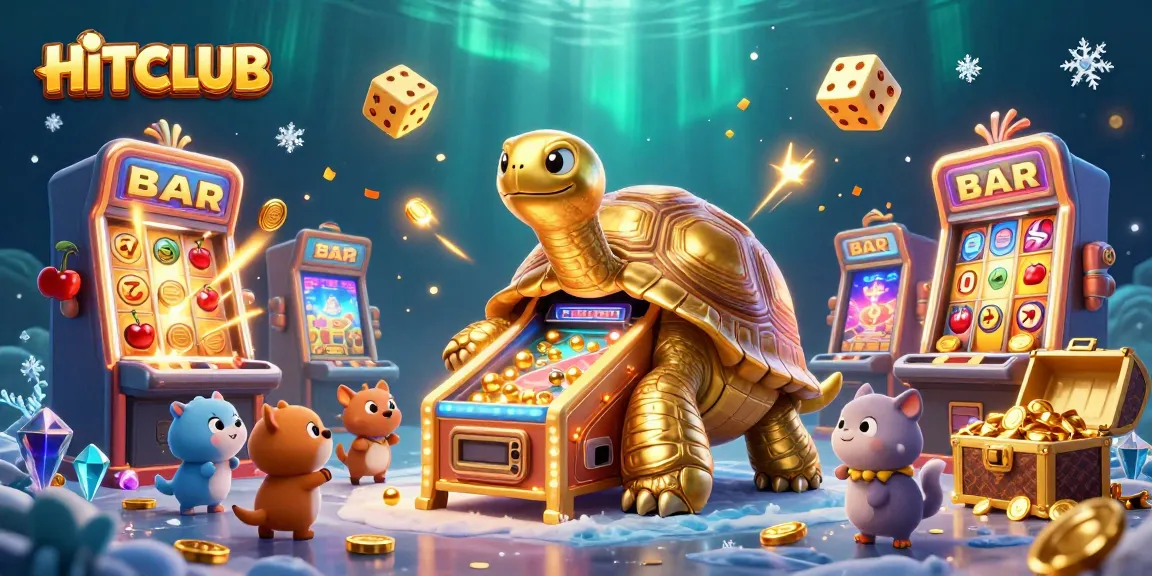 Spin for your chance at HITCLUB prizes with a golden tortoise and dynamic casino elements.