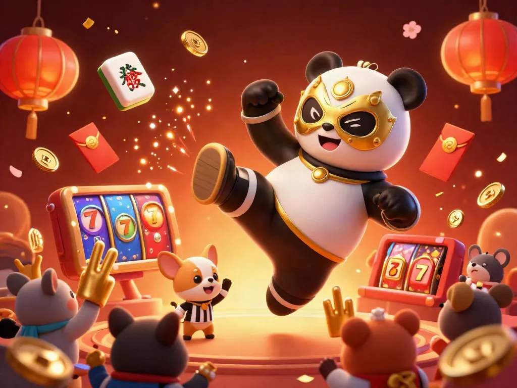 Activate big wins with APK Slot in a lively scene featuring a panda wrestler and animated casino elements.
