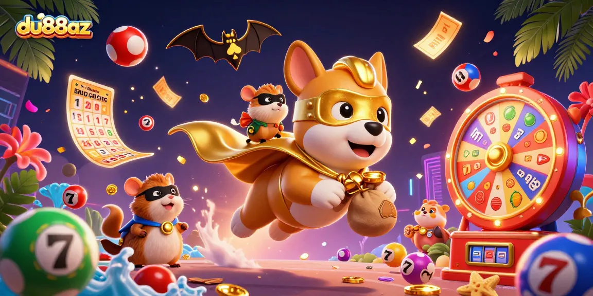 du88az creates excitement with a superhero dog flying high and gold coins raining down in a vibrant casino setting.