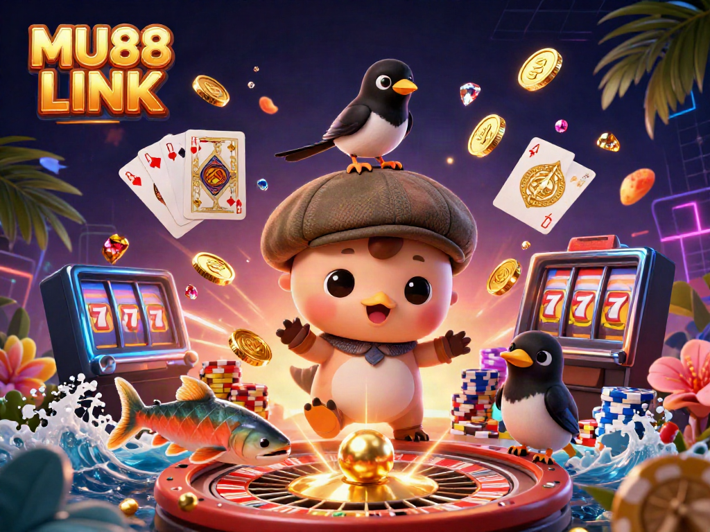 Experience the thrill of MU88 LINK with vibrant characters and casino elements in a lively scene.