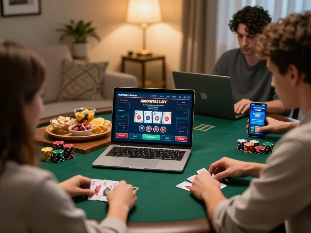 Engaging online poker session showing mpoid strategy on devices in a cozy home environment.