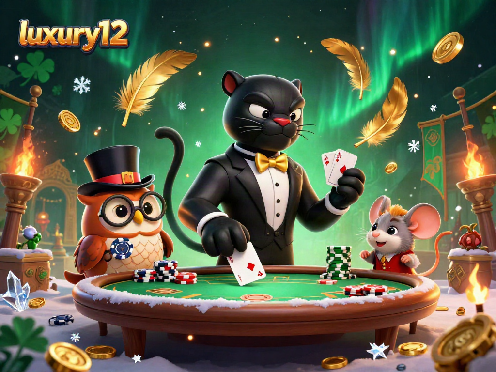 luxury12 showcases a stylish panther dealing cards at an exciting casino scene filled with poker chips.