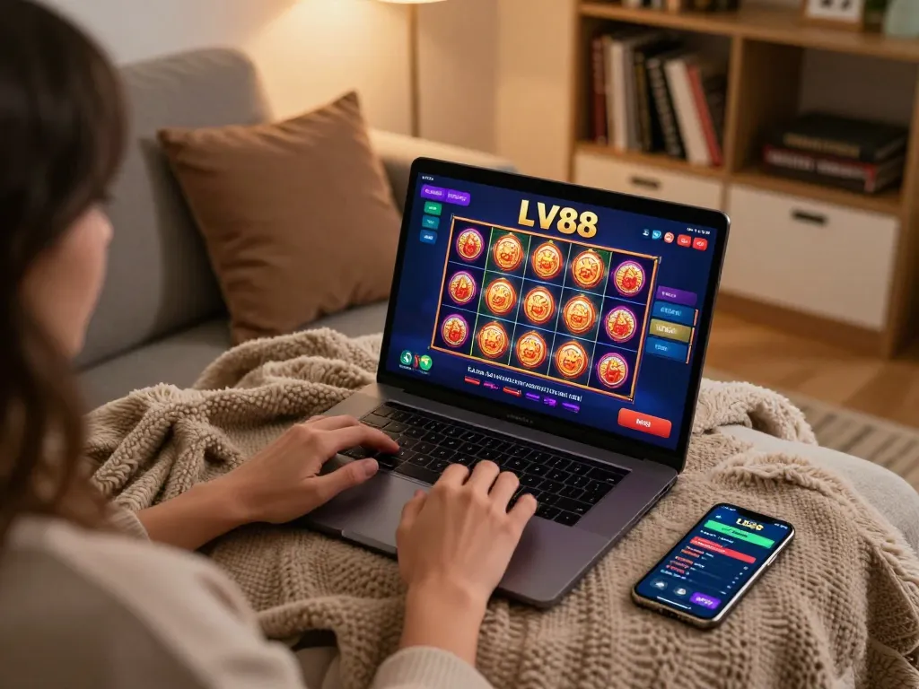 Experience thrilling slot gameplay at LV88 with a cozy home setup featuring a laptop and smartphone.