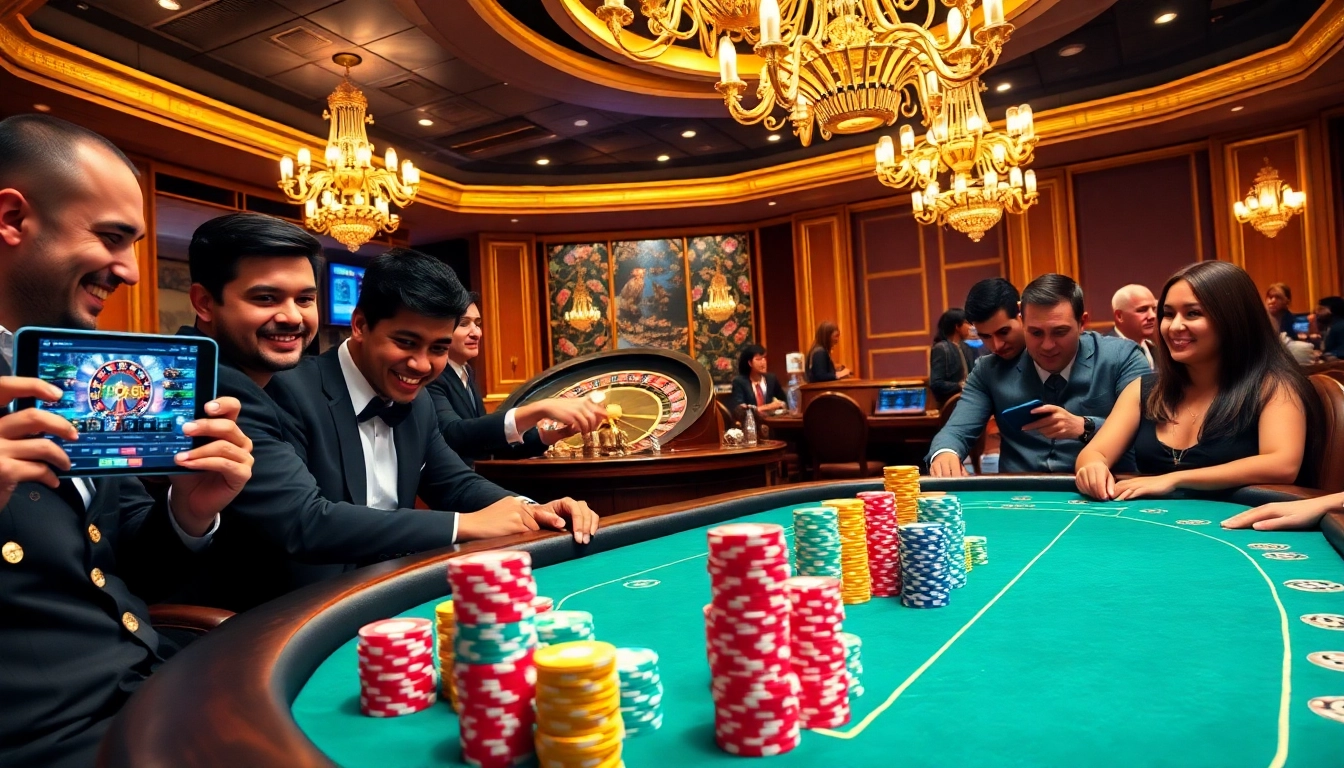 Players enjoying a thrilling game at 789fclub's vibrant poker table in a luxurious casino setting.