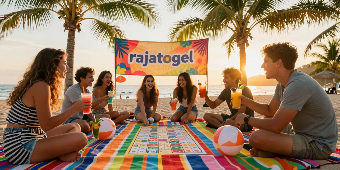 Sejumlah teman bermain permainan bertema rajatogel di pantai saat matahari terbenam, penuh keceriaan dan warna.