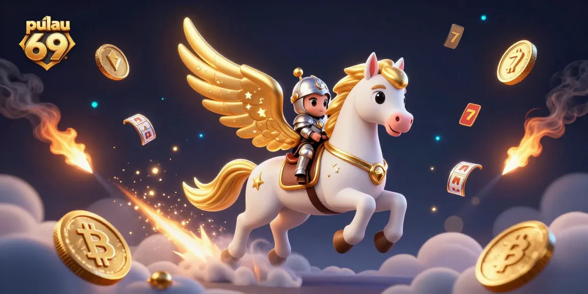 Experience the excitement of pulau 69 with a lively casino scene featuring a celestial horse and crypto elements.