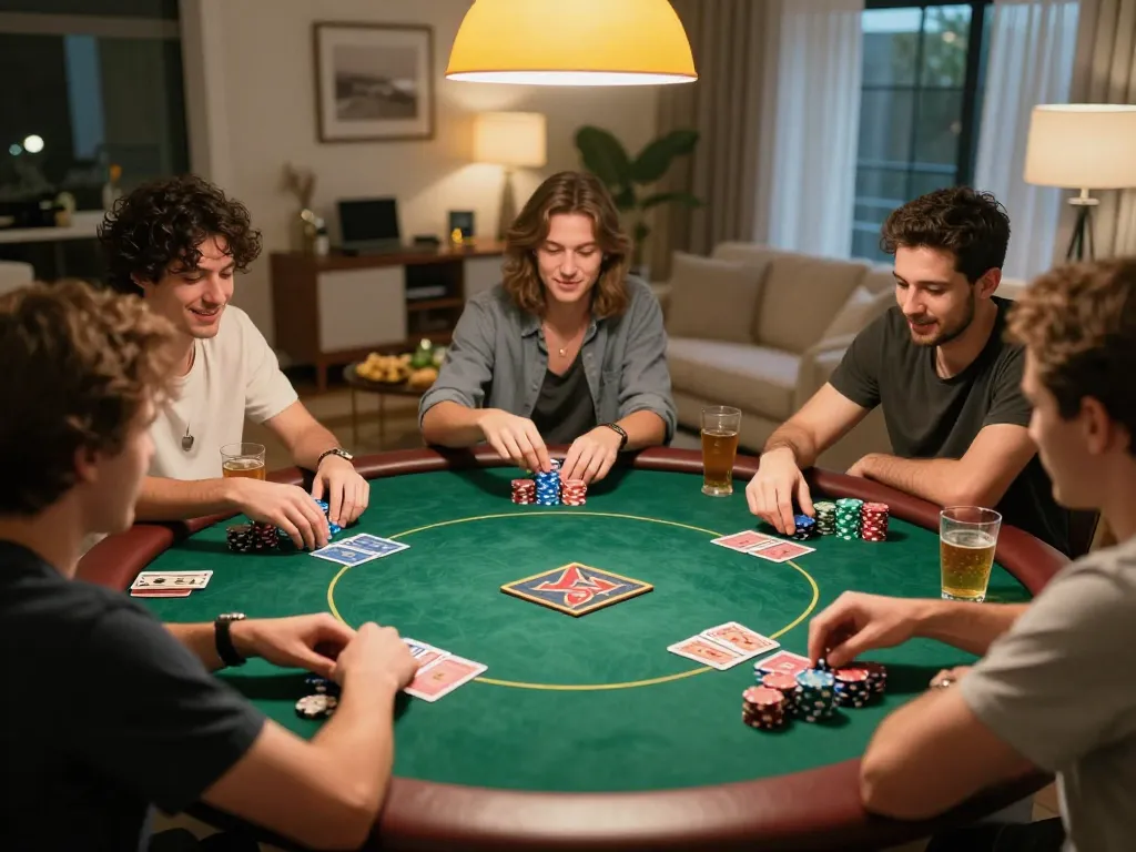 Players engaged in a strategic poker game at home, showcasing the sc88 gambling experience.