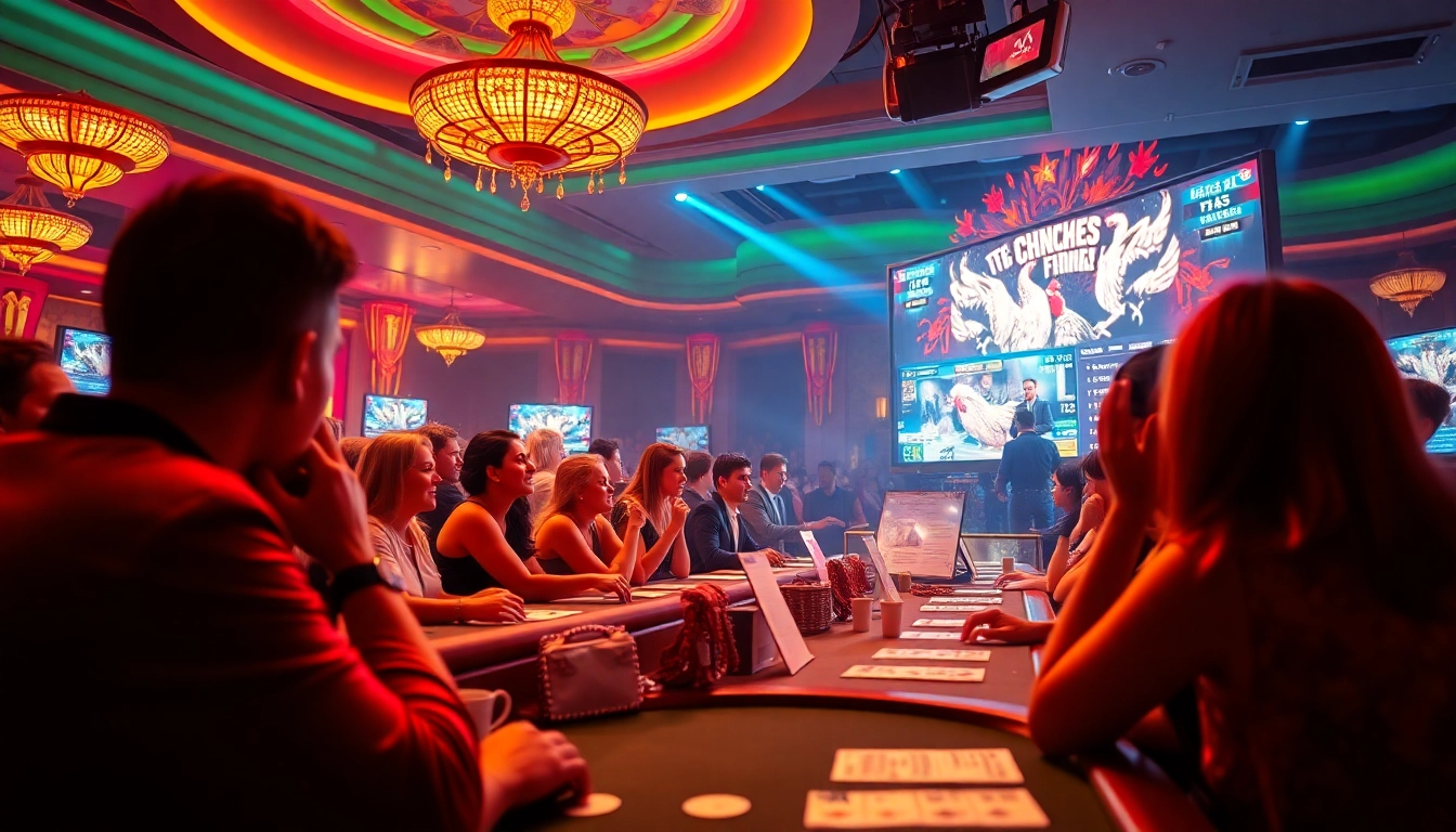 Xem đá gà trực tiếp hôm nay with high-stakes betting action in a vibrant casino setting.