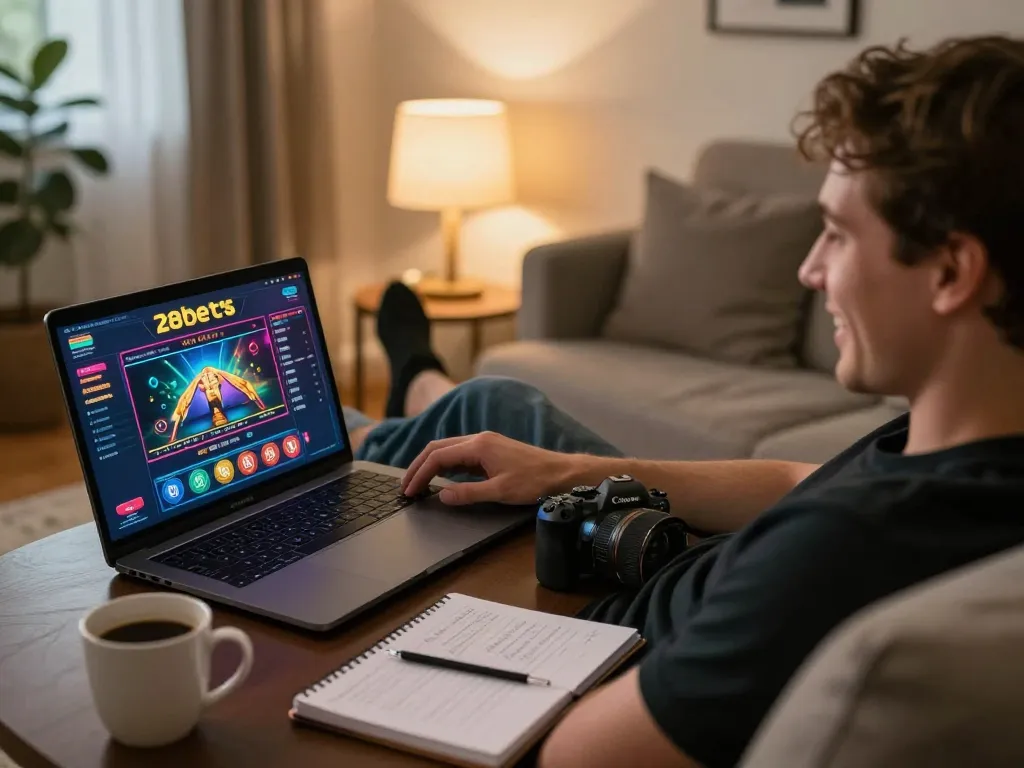 Player engaging with online casino games on 28bets, showcasing a cozy home setup.