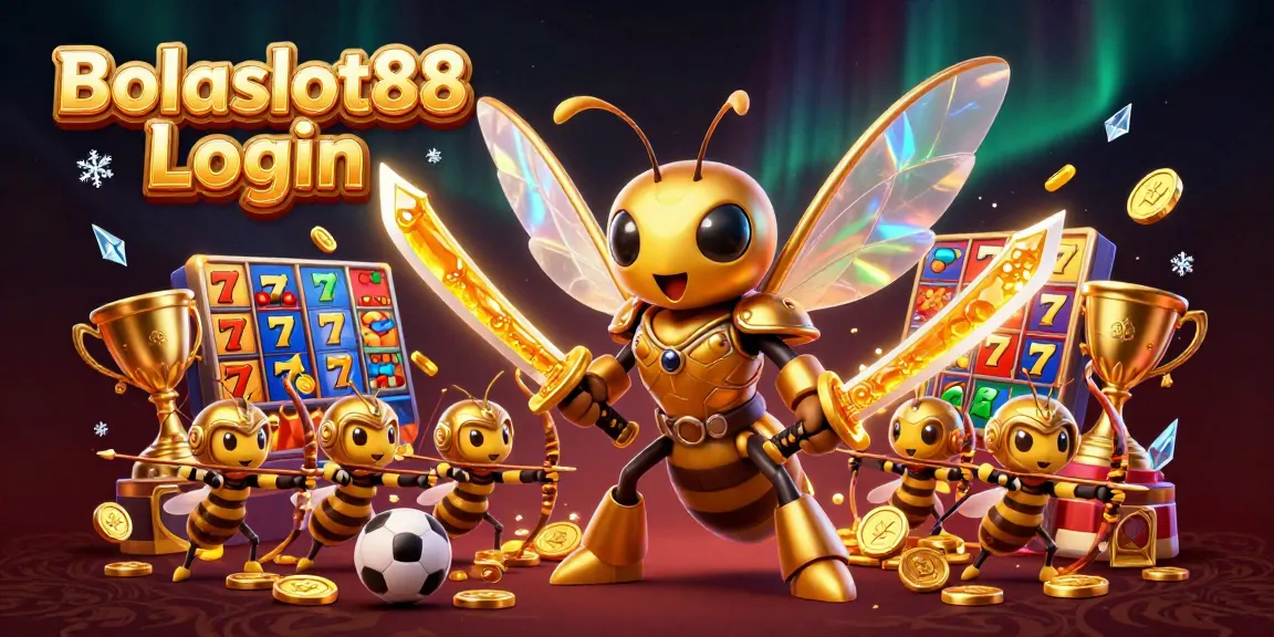 Bolaslot88 Login showcases a vibrant scene with a samurai hornet and bee archers surrounded by dazzling slot game elements and sports balls.