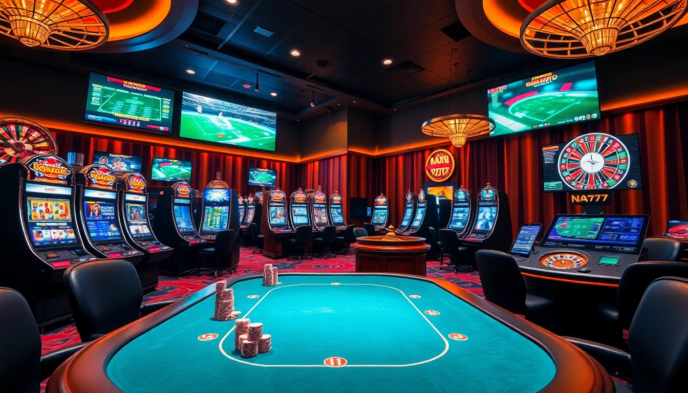 Exciting casino gaming experience at NA777 with vibrant slot machines and professional dealers.