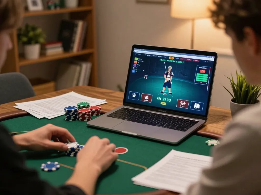 Player engaging in strategic online poker while managing bankroll on laptop with s666 chips visible.
