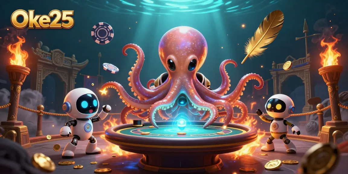 Oke25 menampilkan alien oktopus bermain poker dengan robot teman, mengelilingi koin emas.