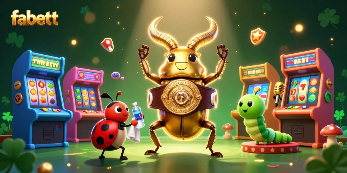 Engage in fabett's vibrant casino world with a golden stag beetle champion surrounded by colorful slot games