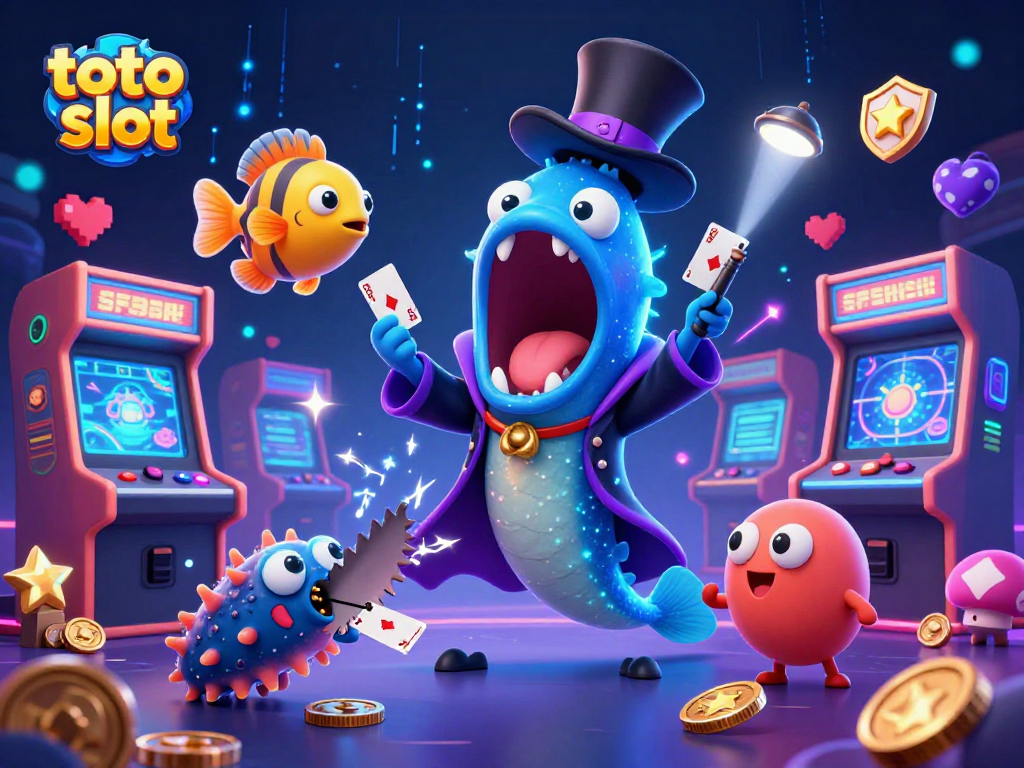 Slot toto yang menyenangkan dengan ikan laut dan mesin permainan neon yang bersinar.