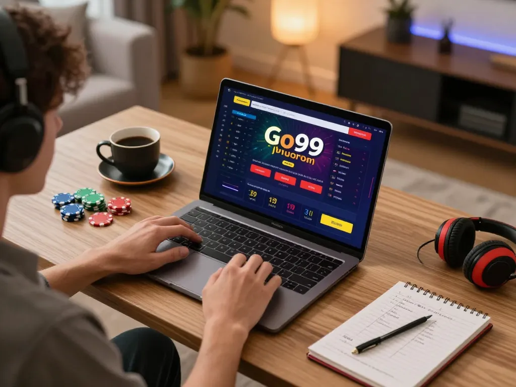 Engaging gameplay experience at home with Go99 casino interface on laptop, showcasing strategic gaming.