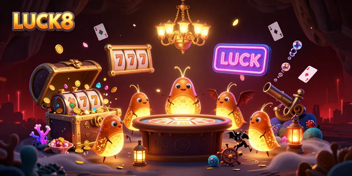 Experience the vibrant excitement of LUCK8's cave casino with glowing elements and dynamic characters.