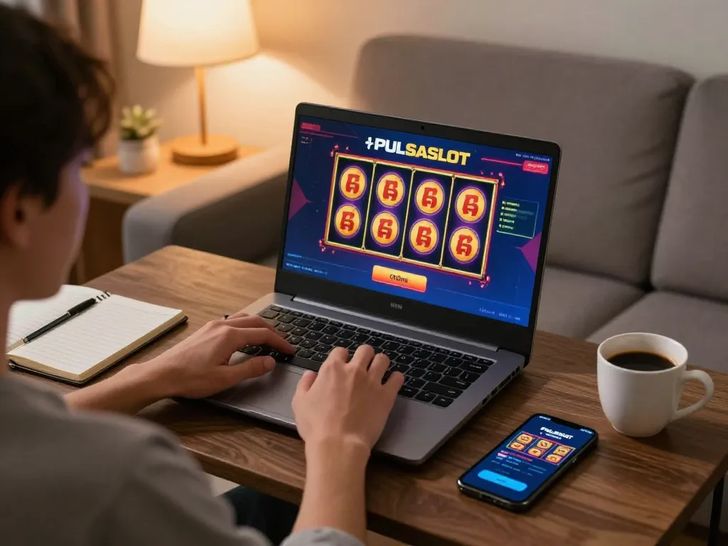 PULSASLOT gameplay on a laptop in a cozy living room, emphasizing responsible gaming