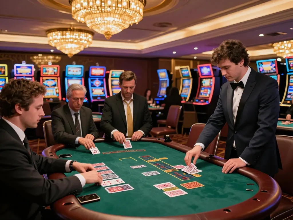 Players at IDC88JOKER engaging in an exciting blackjack game in a luxurious casino atmosphere.