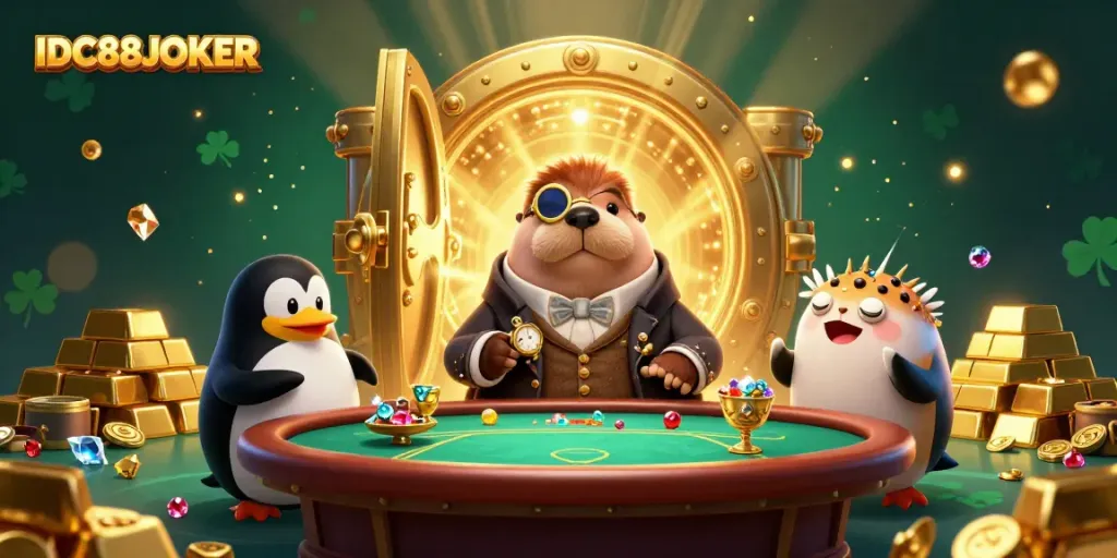 Experience excitement at IDC88JOKER with a jolly walrus, a penguin dealer, and a bluffing pufferfish at an underwater poker table.