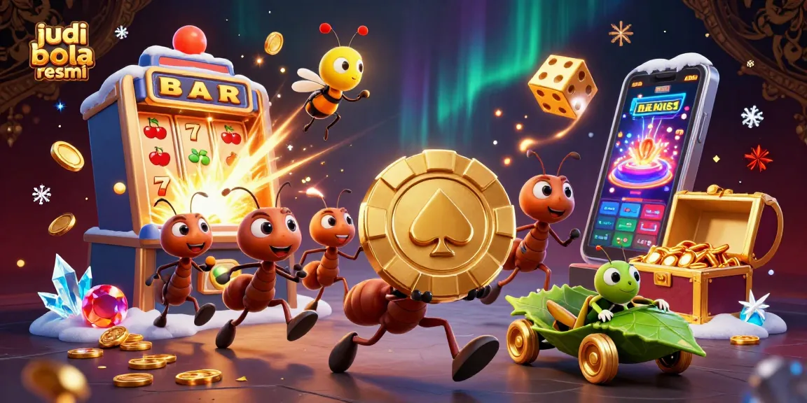 Experience judi bola resmi thrills with cartoon ants heisting a giant poker chip amidst dazzling casino elements.