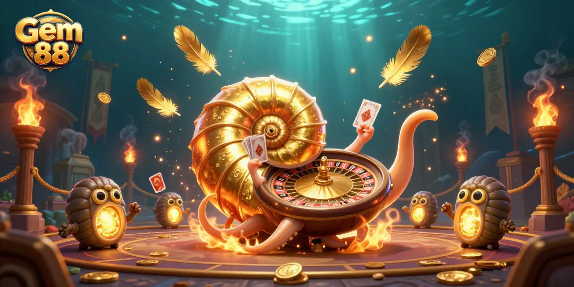 Engage with Gem 88 at the vibrant casino arena featuring a giant nautilus roulette wheel and glowing ammonites.