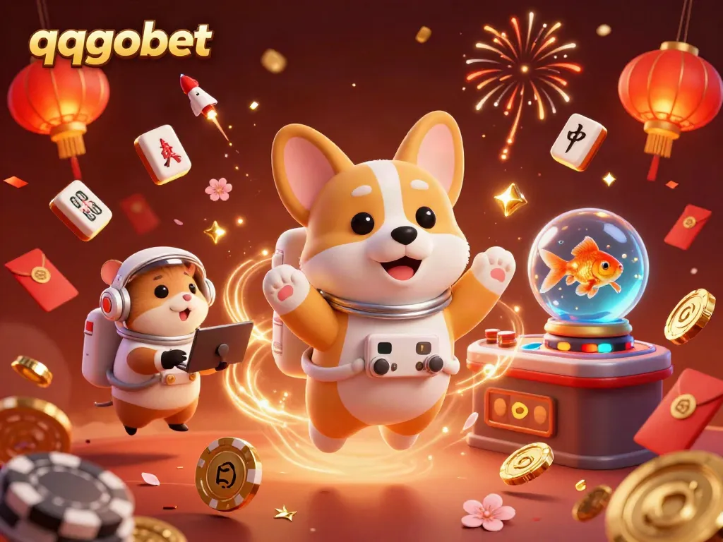 Experience the thrilling world of qqgobet with a dazzling casino scene featuring a floating corgi, coins, and festive elements.