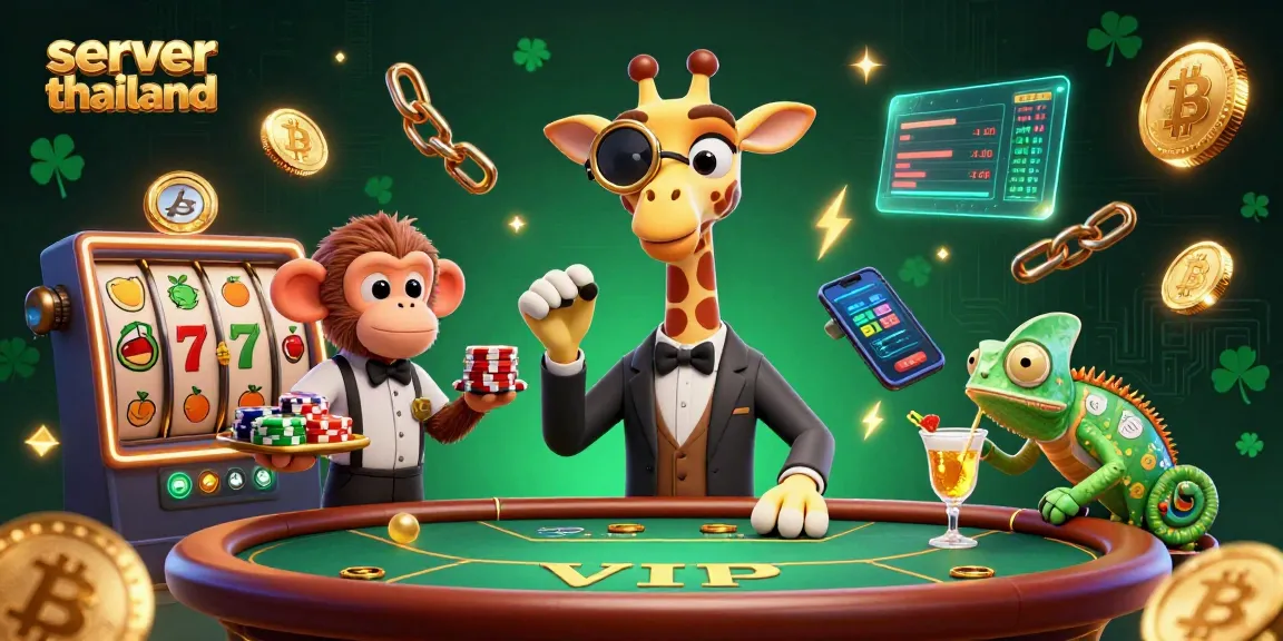 Engage with server thailand in a vibrant 3D casino scene featuring a giraffe high-roller, monkey valet, and chameleon bartender.