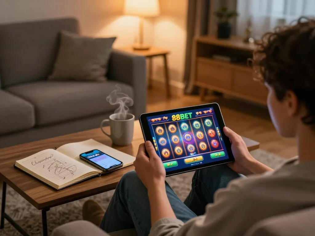 Engaging gameplay at https://88bet.zone/, showcasing a player immersed in an online slot game on a tablet in a cozy home setting.
