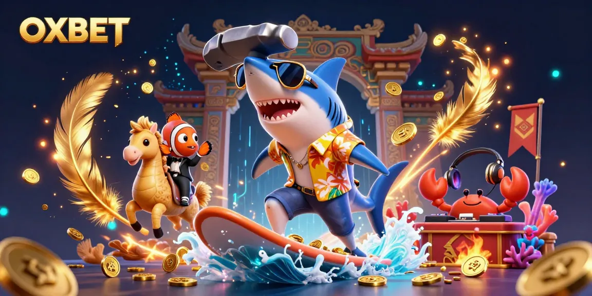 Surf with OXBET: A shark, clownfish, and crab DJ in a vibrant casino-themed 3D scene.