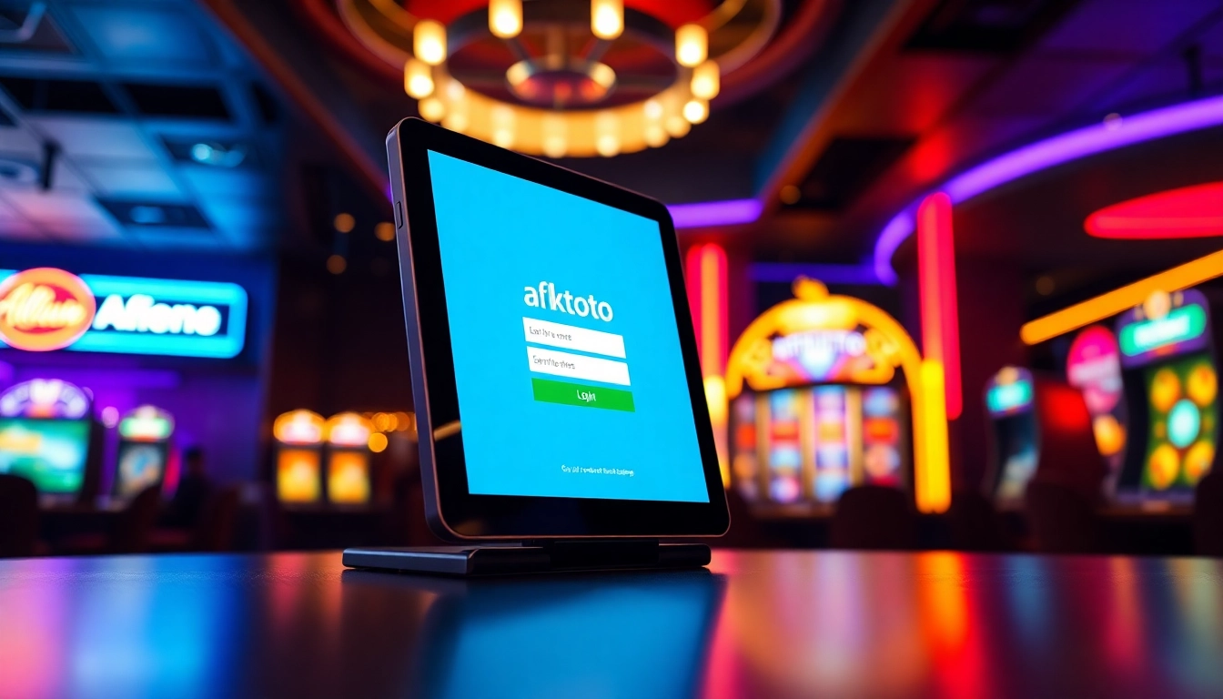 Engage with afktoto login through a sleek digital device interface in a vibrant casino setting.