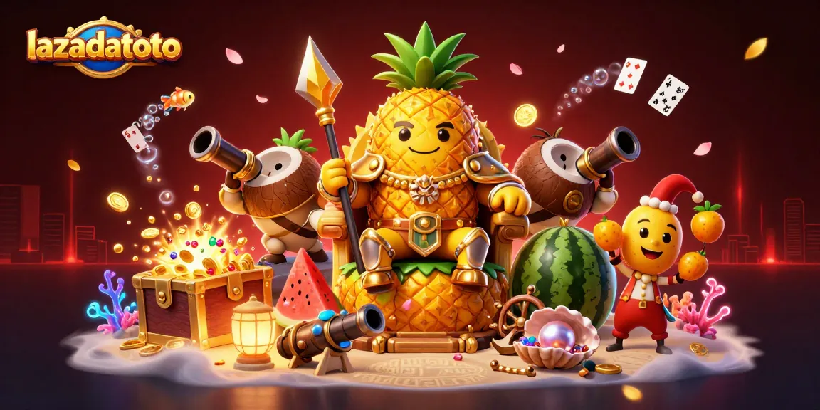 Gambarkan pengalaman bermain lazadatoto dengan karakter kartun king nanas emas di kasino pantai.