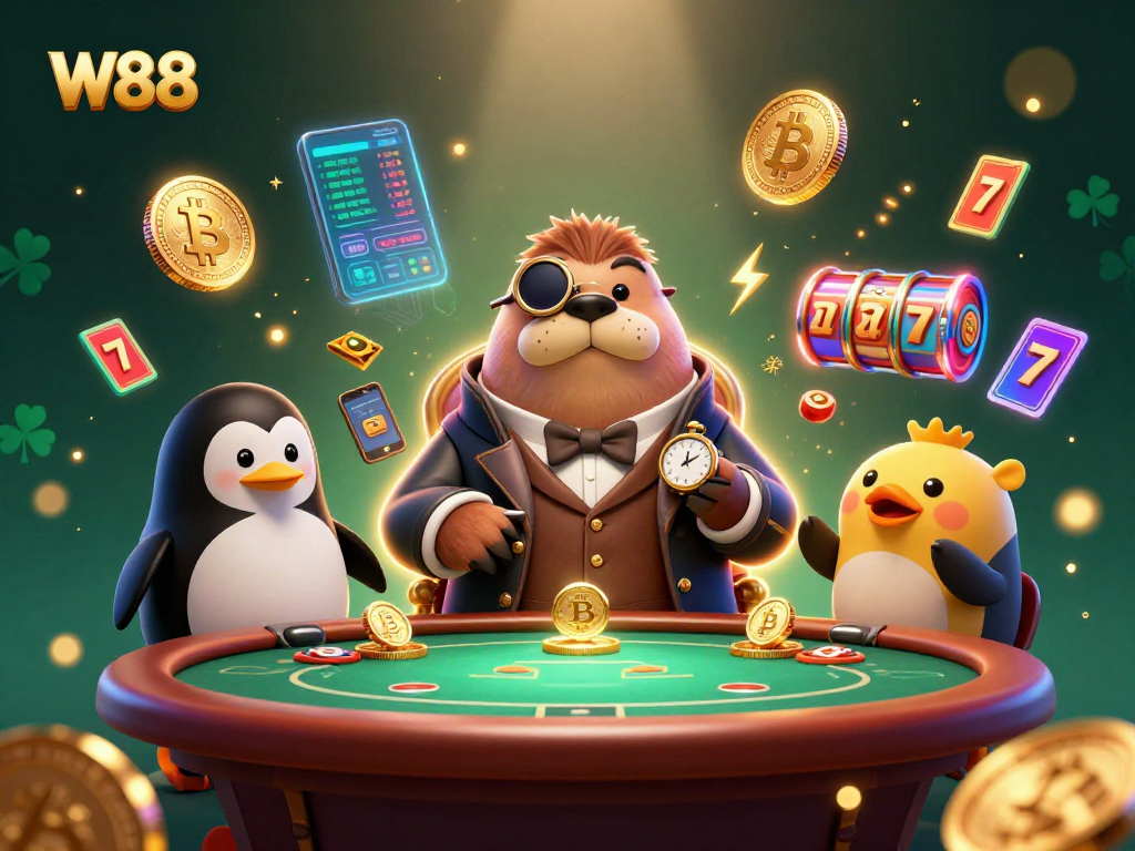 W88 players enjoy an oceanic poker game, featuring unique characters and vibrant casino elements.