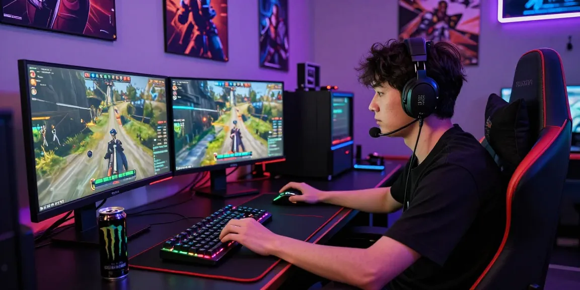 Gamer terfokus bermain sniperslot di setup gaming dengan monitor, keyboard, dan aksesoris gaming.