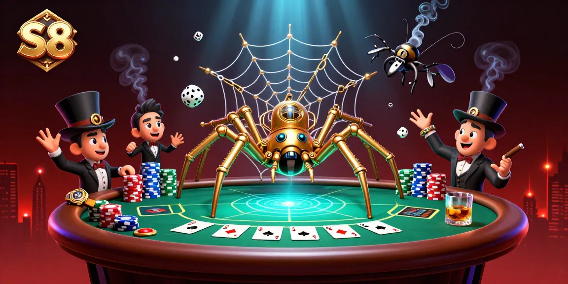 S8 engages players in a vibrant 3D casino scene with golden spider and poker excitement.