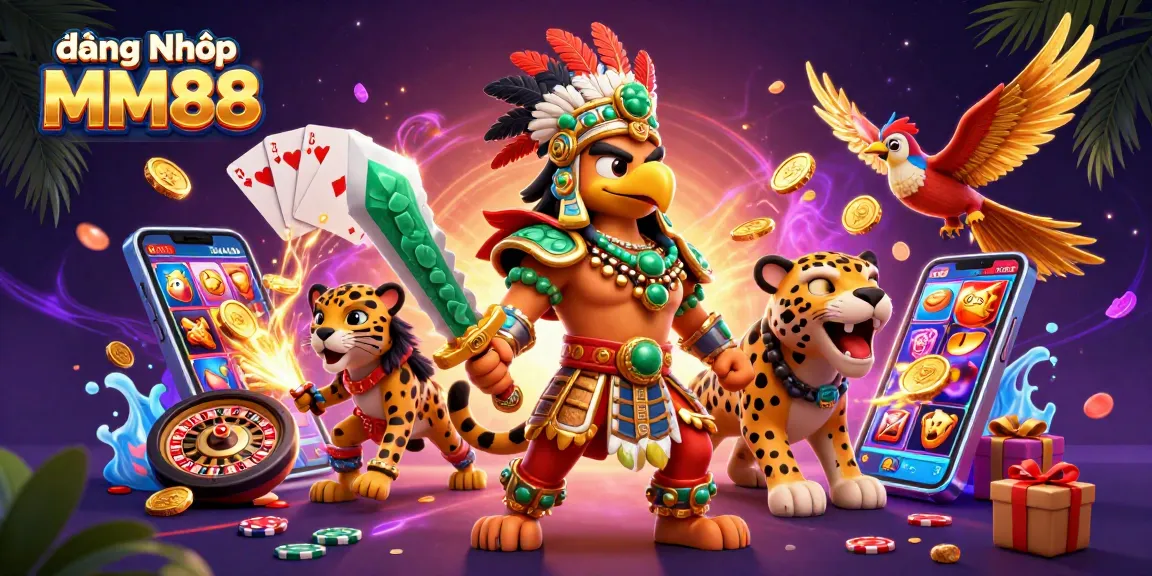 Visualize đăng Nhập MM88 with exciting slot games, vibrant characters, and casino elements.