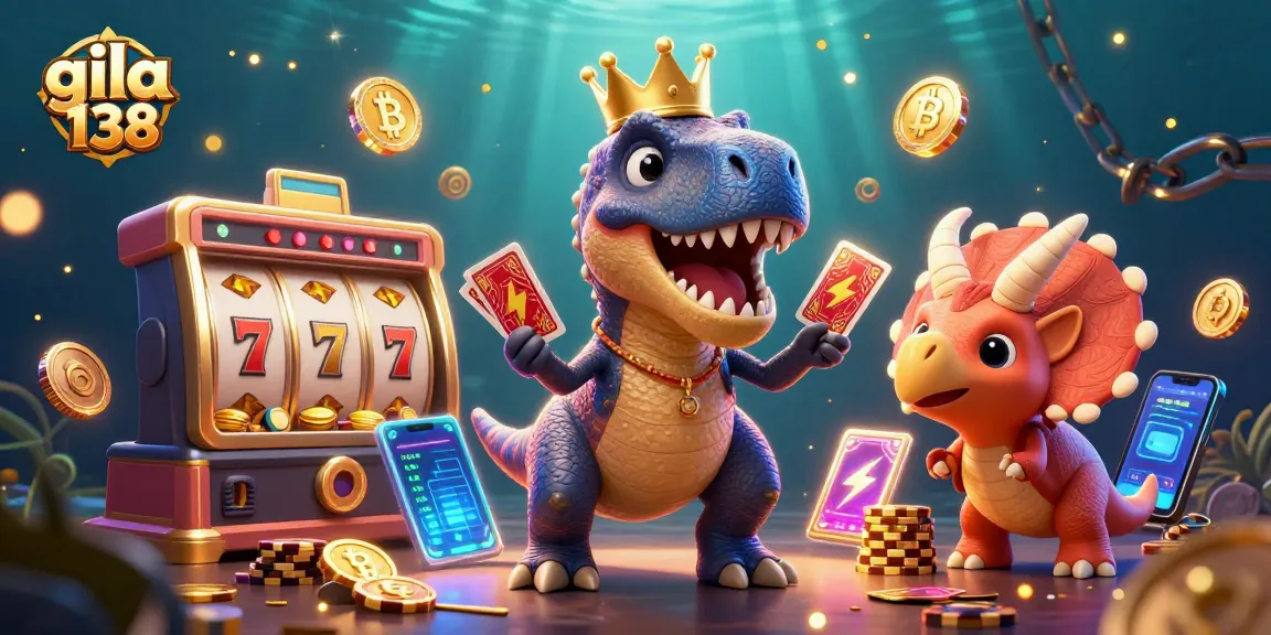 Gila 138 memimpin permainan slot sambil dibantu dinosaurus dalam suasana kasino yang megah.
